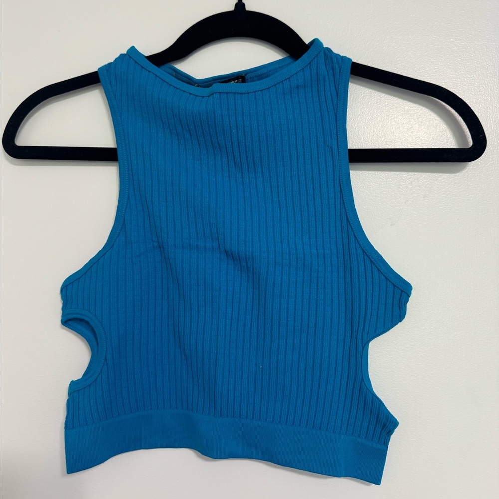 Zara Blue Ribbed Cut Out Crop Tank Top